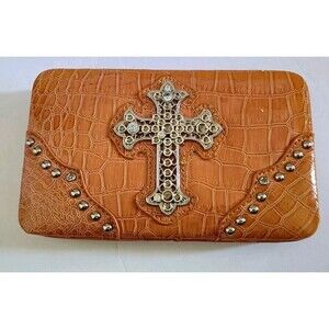 Hananel Wallet Clutch Rhinestone Cross Tan Croc Print Check Book Cover Snap New